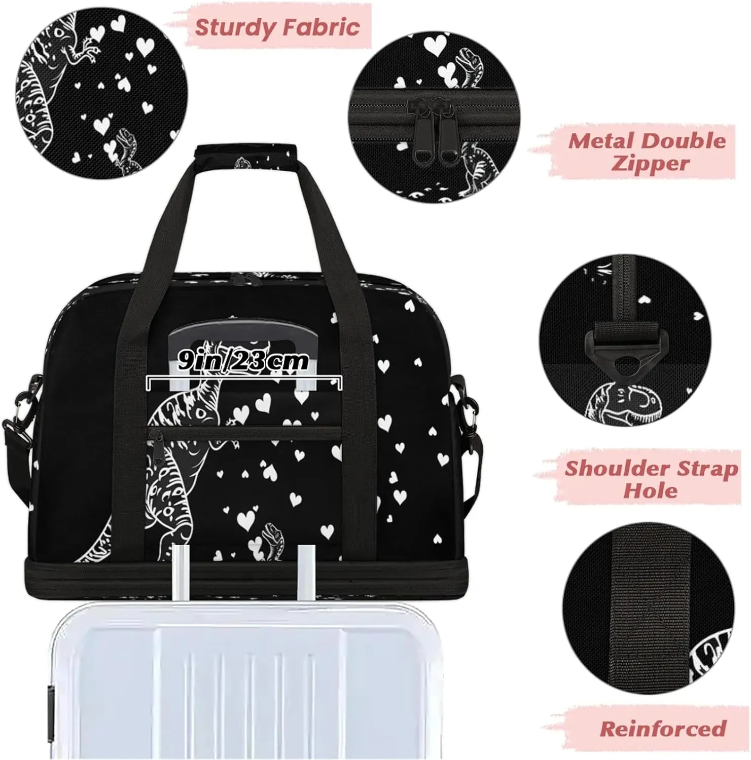 Heart Animal Dinosaur Travel Duffel Bags for Women & Men Large Sports Gym Bags Foldie Weekender Overnight Bag Carry On Tote Bag With Shoe Compartment Personal Item Bag for Travel Sports Gym