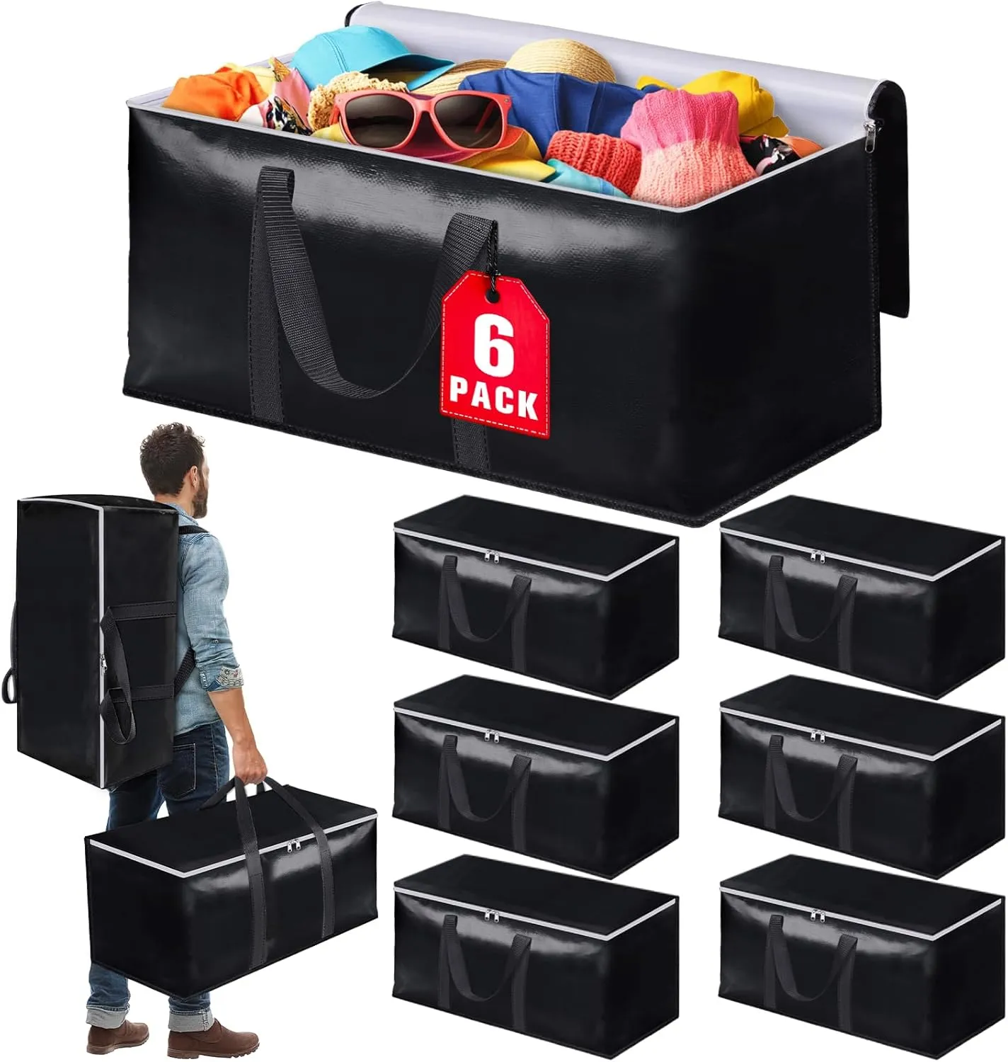 Heavy-Duty & Extra Capacity Moving Bags with Backpack Straps, Storage Totes with Double Zipper & Strong Handles, Packing Bags Alternative to Moving Boxes, Moving Supplies (6 Pack, Black)