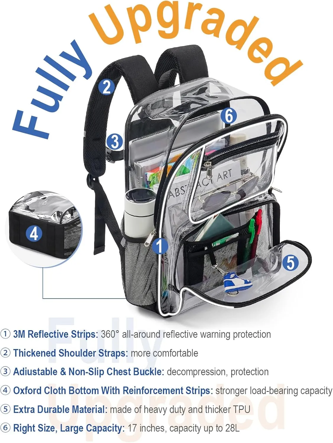 Heavy Duty Clear Backpack For Women Men Boys Girls, Large Clear Bookbag For School, 17 Inch See Through Backpack
