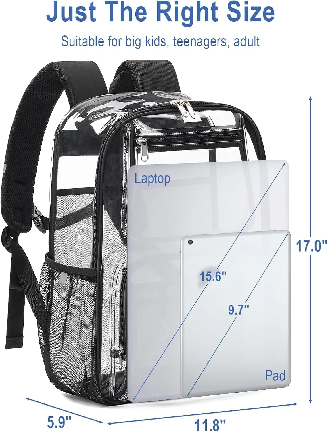 Heavy Duty Clear Backpack For Women Men Boys Girls, Large Clear Bookbag For School, 17 Inch See Through Backpack