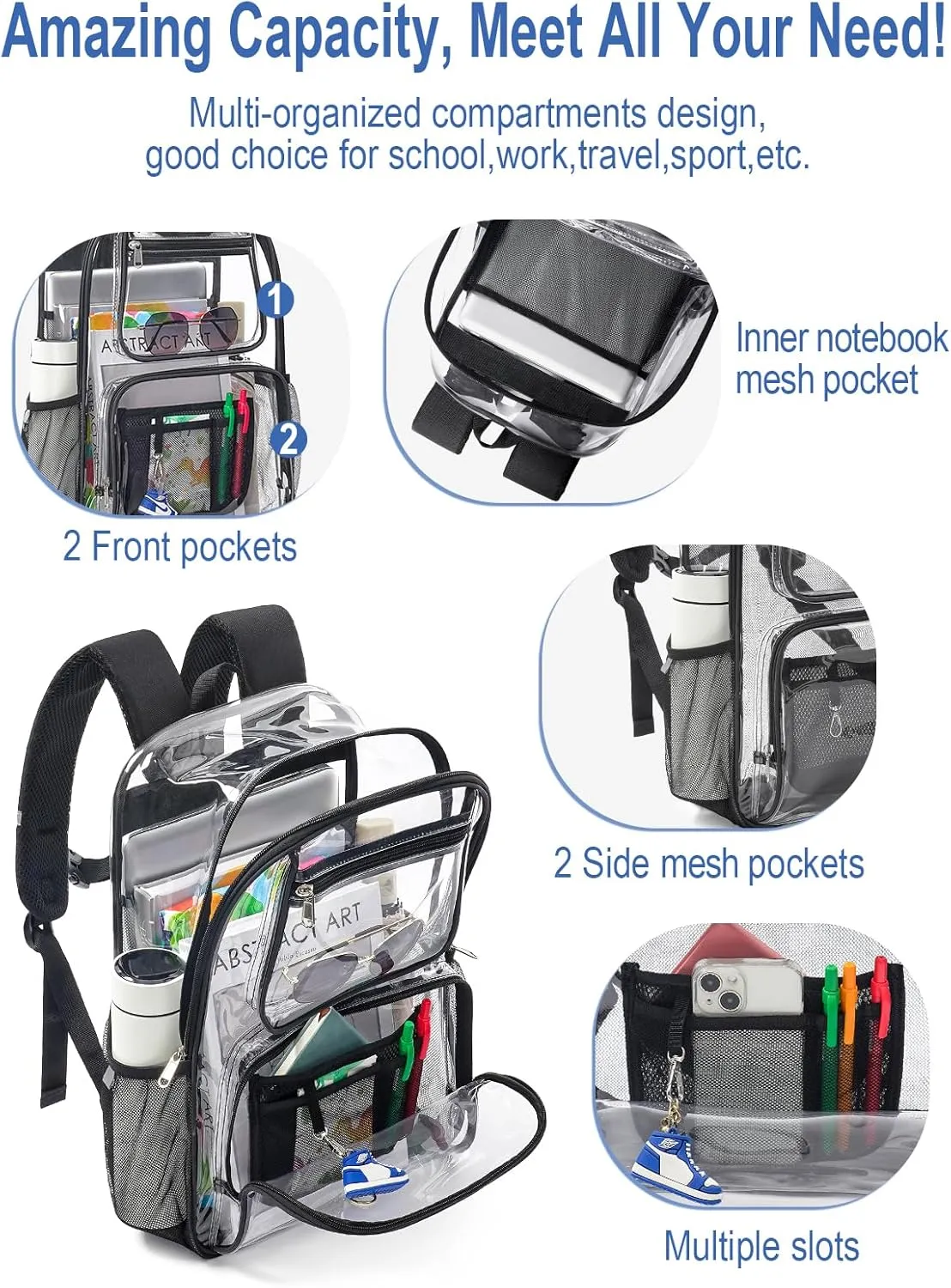 Heavy Duty Clear Backpack For Women Men Boys Girls, Large Clear Bookbag For School, 17 Inch See Through Backpack