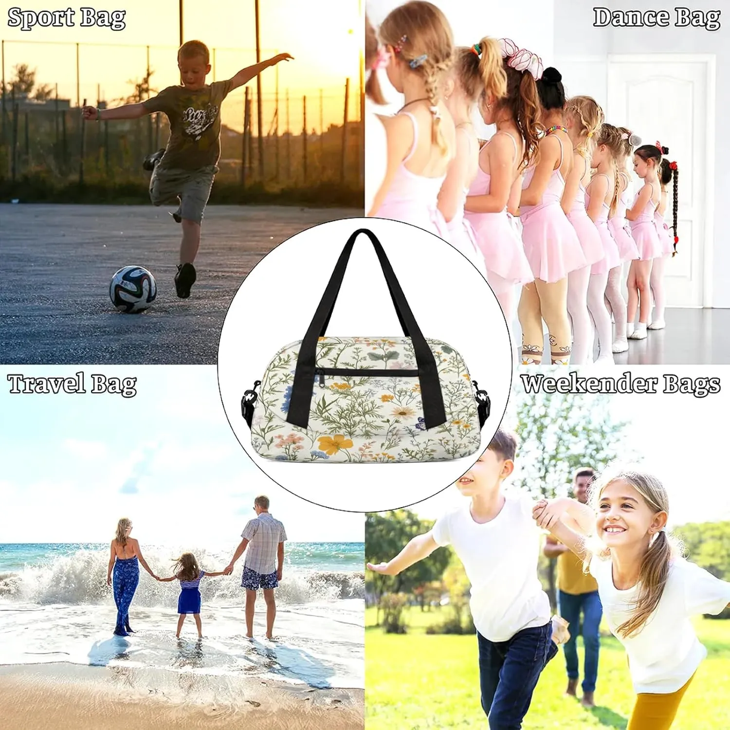 Herbs Flowers Kids Duffel Bag Lightweight Waterproof Sports Gym Bag with Front Zipper Pocket Foldable Weekender Overnight Bag for School Practice Gymnastic Ballet