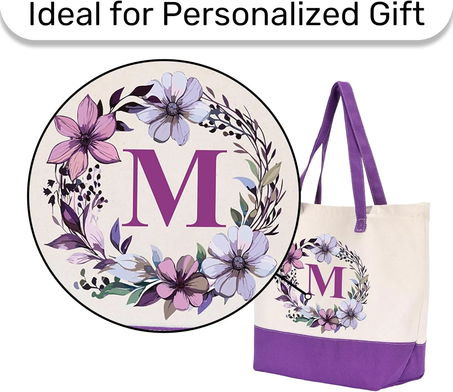 HIFA Canvas Tote Bag for Women, Monogrammed Tote Bags with Top Zipper Closure and Inner Pocket, Stylish Purple Initial Totes