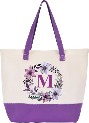 HIFA Canvas Tote Bag for Women, Monogrammed Tote Bags with Top Zipper Closure and Inner Pocket, Stylish Purple Initial Totes