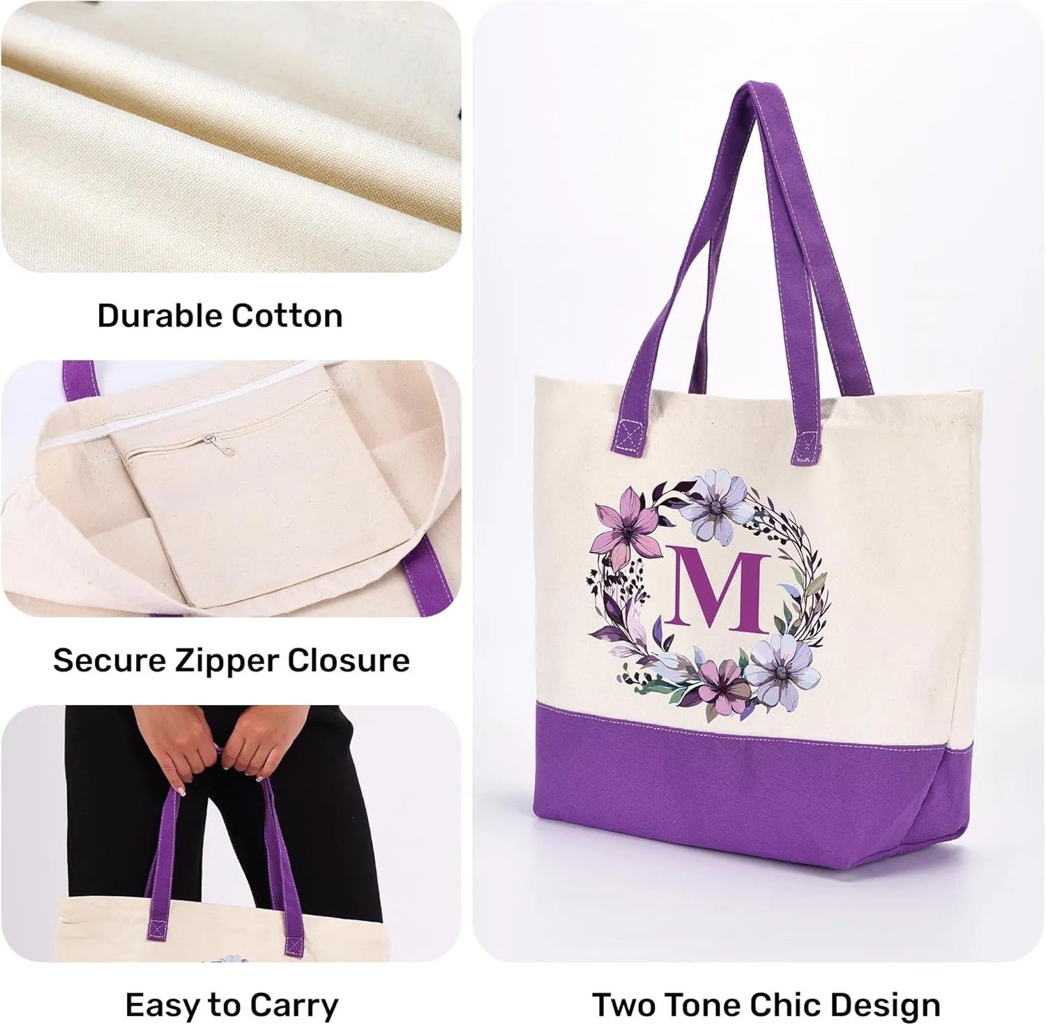 HIFA Canvas Tote Bag for Women, Monogrammed Tote Bags with Top Zipper Closure and Inner Pocket, Stylish Purple Initial Totes