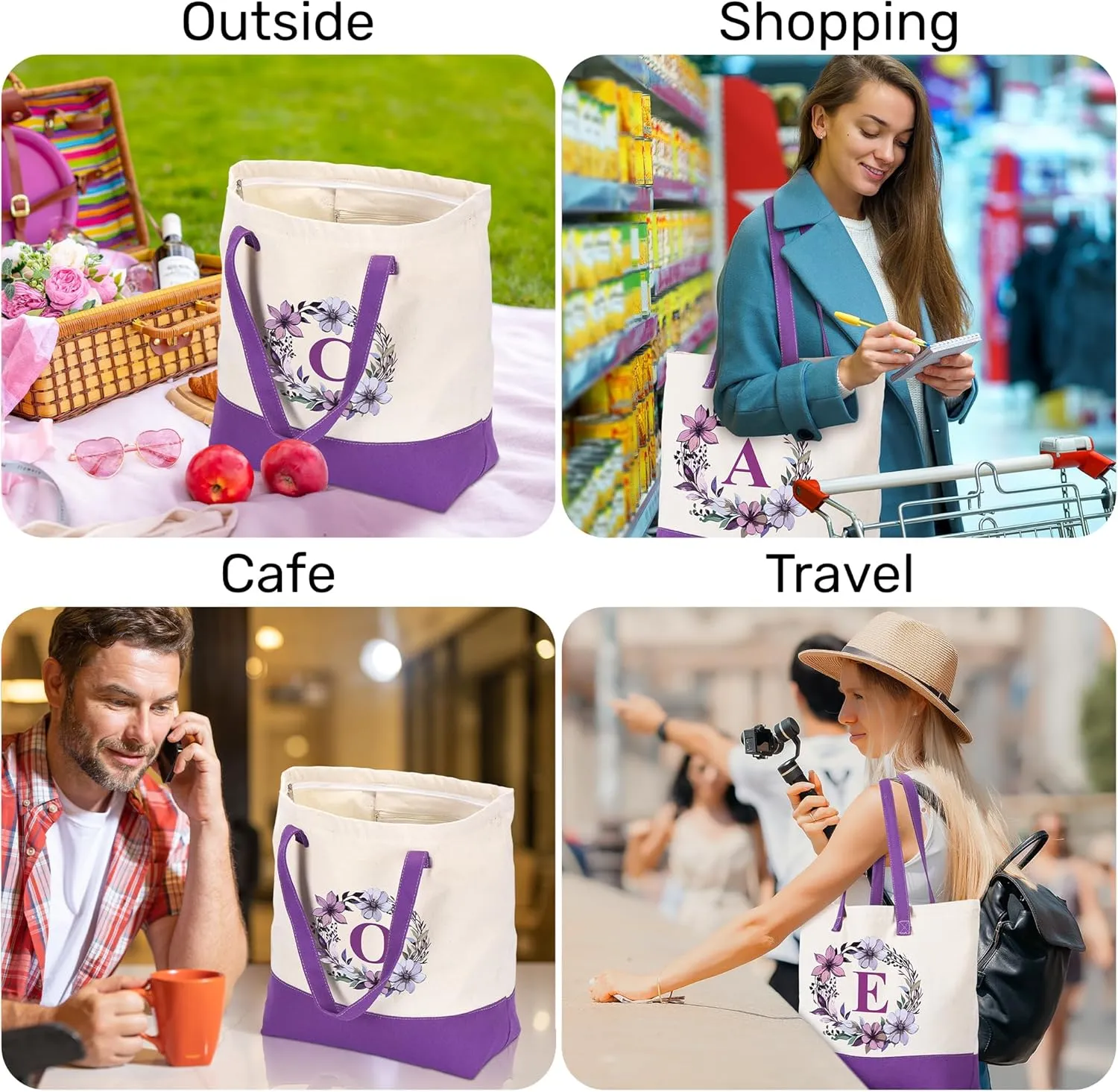 HIFA Canvas Tote Bag for Women, Monogrammed Tote Bags with Top Zipper Closure and Inner Pocket, Stylish Purple Initial Totes