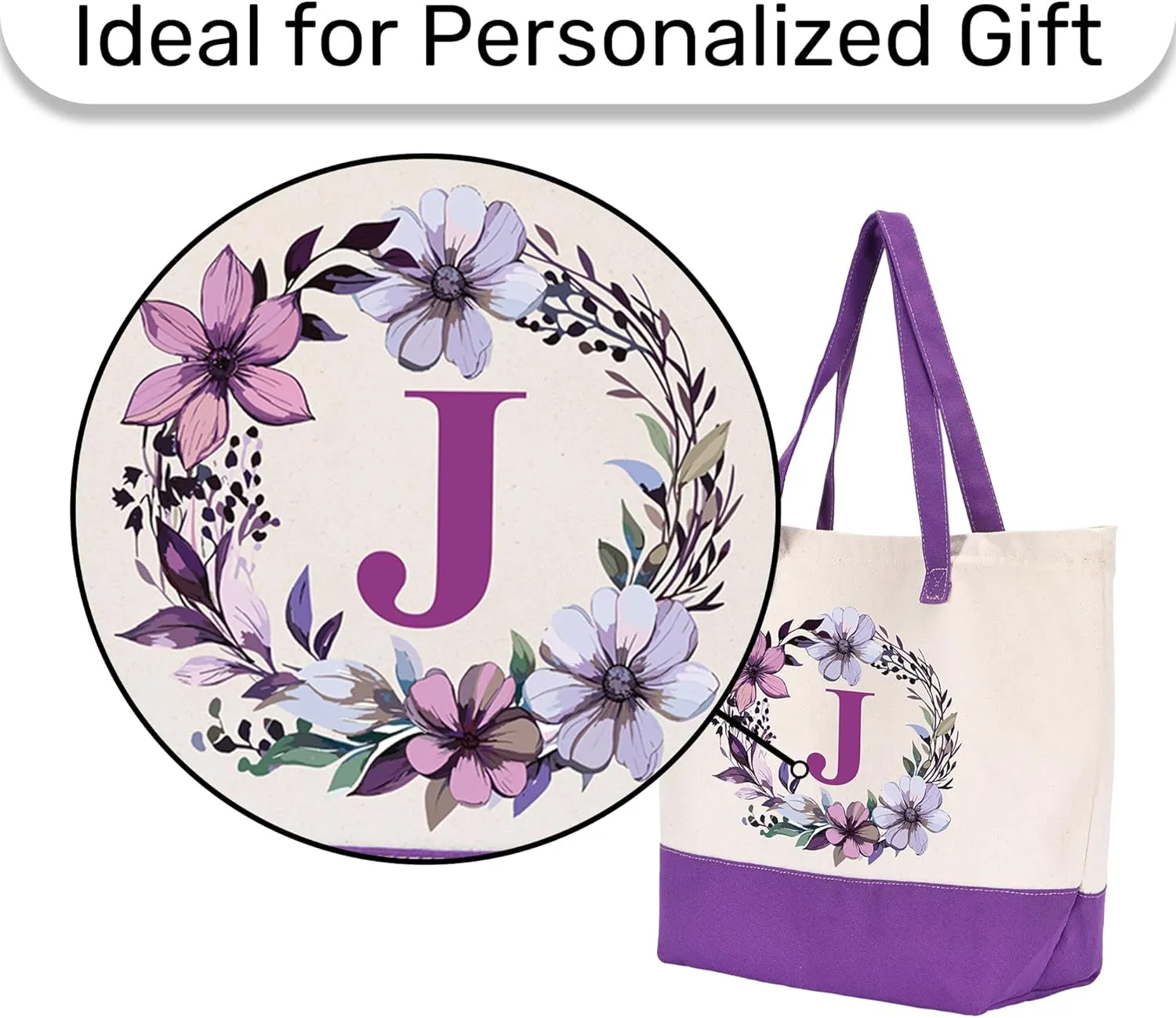 HIFA Canvas Tote Bag for Women, Monogrammed Tote Bags with Top Zipper Closure and Inner Pocket, Stylish Purple Initial Totes