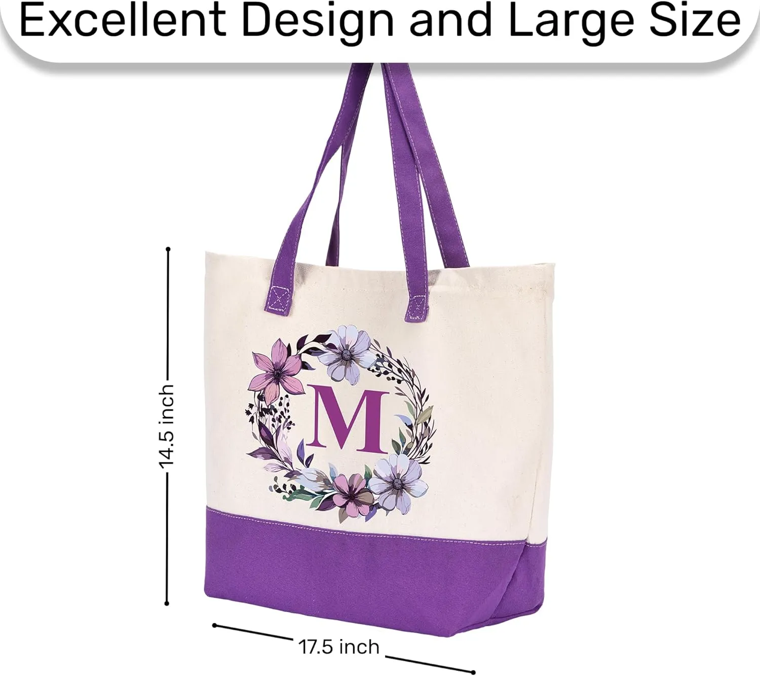 HIFA Canvas Tote Bag for Women, Monogrammed Tote Bags with Top Zipper Closure and Inner Pocket, Stylish Purple Initial Totes