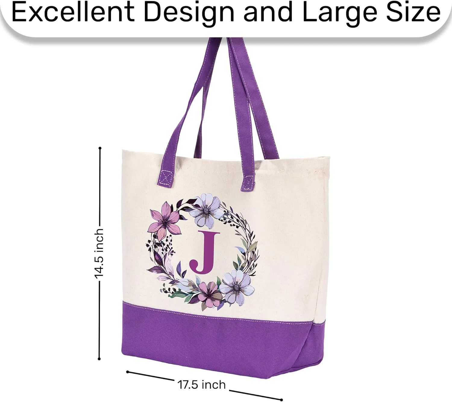 HIFA Canvas Tote Bag for Women, Monogrammed Tote Bags with Top Zipper Closure and Inner Pocket, Stylish Purple Initial Totes