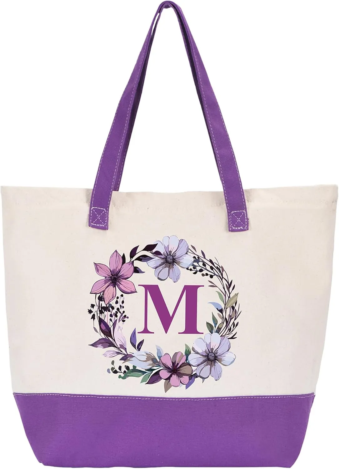 HIFA Canvas Tote Bag for Women, Monogrammed Tote Bags with Top Zipper Closure and Inner Pocket, Stylish Purple Initial Totes