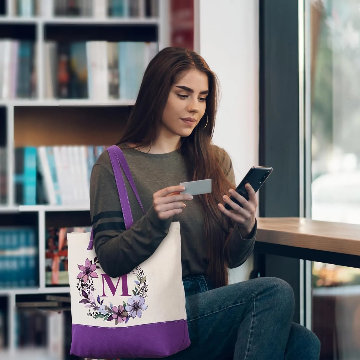HIFA Canvas Tote Bag for Women, Monogrammed Tote Bags with Top Zipper Closure and Inner Pocket, Stylish Purple Initial Totes