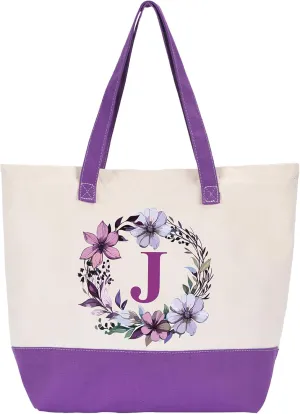 HIFA Canvas Tote Bag for Women, Monogrammed Tote Bags with Top Zipper Closure and Inner Pocket, Stylish Purple Initial Totes