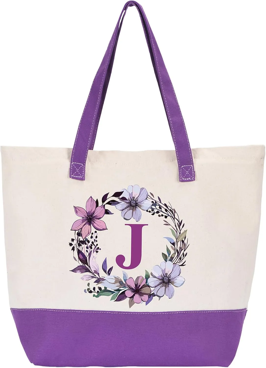 HIFA Canvas Tote Bag for Women, Monogrammed Tote Bags with Top Zipper Closure and Inner Pocket, Stylish Purple Initial Totes