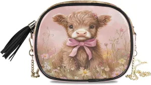 Highland Calf Flower Field Crossbody Bags for Women Small Purses Leather Crossbody Bag Handbags Purse with Detachable Chain Evening Bag Cell Phone Purse Clutch Purses
