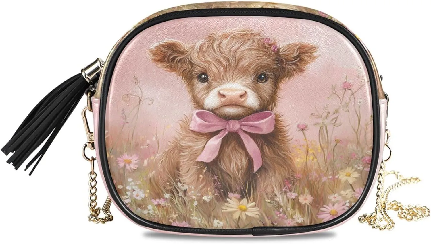 Highland Calf Flower Field Crossbody Bags for Women Small Purses Leather Crossbody Bag Handbags Purse with Detachable Chain Evening Bag Cell Phone Purse Clutch Purses