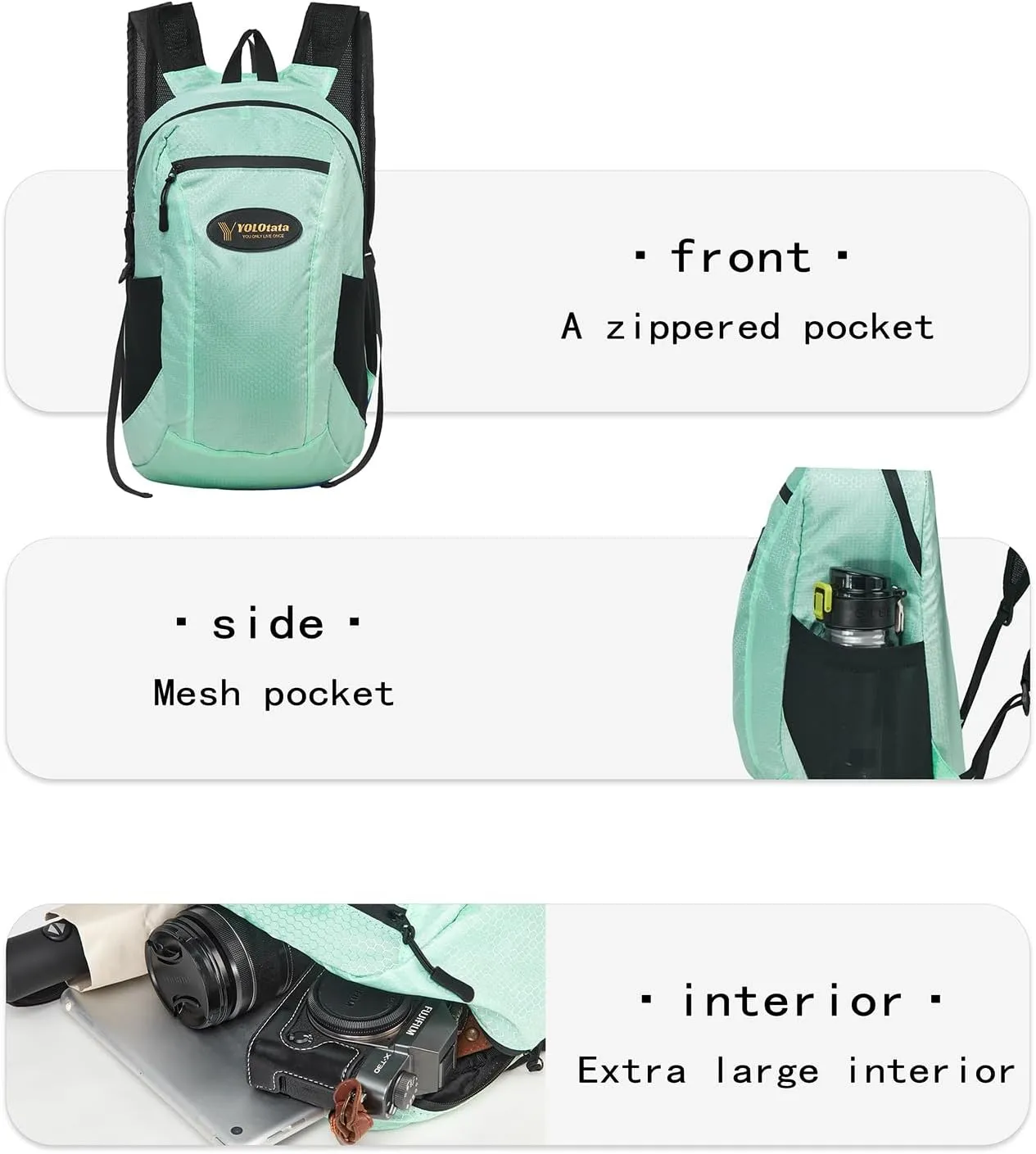 Hiking Daypacks for Women Waterproof Backpacks 15L Lightweight Packable Men Small Outdoor Sports Fan Multipurpose Travel Camping Bags green