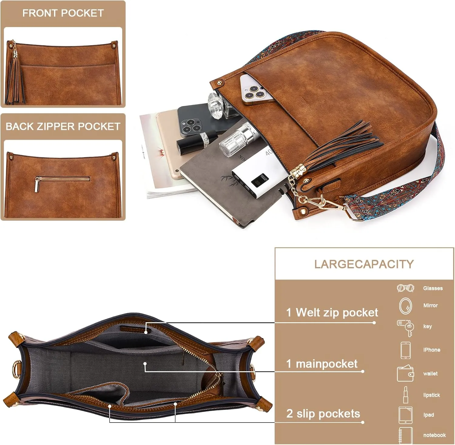 HKCLUF Crossbody Bag Purse for Women 2PCS/Set Leather Hobo Handbag Wallet Set With 2Adjustable Guitar Strap Shoulder Bag