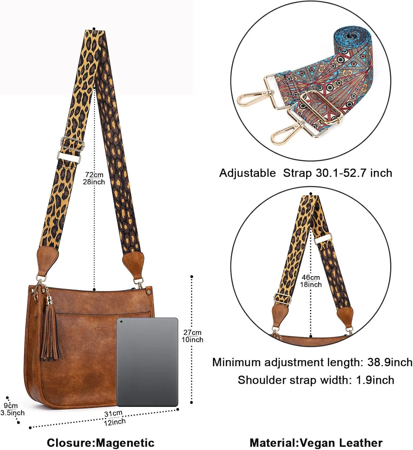 HKCLUF Crossbody Bag Purse for Women 2PCS/Set Leather Hobo Handbag Wallet Set With 2Adjustable Guitar Strap Shoulder Bag