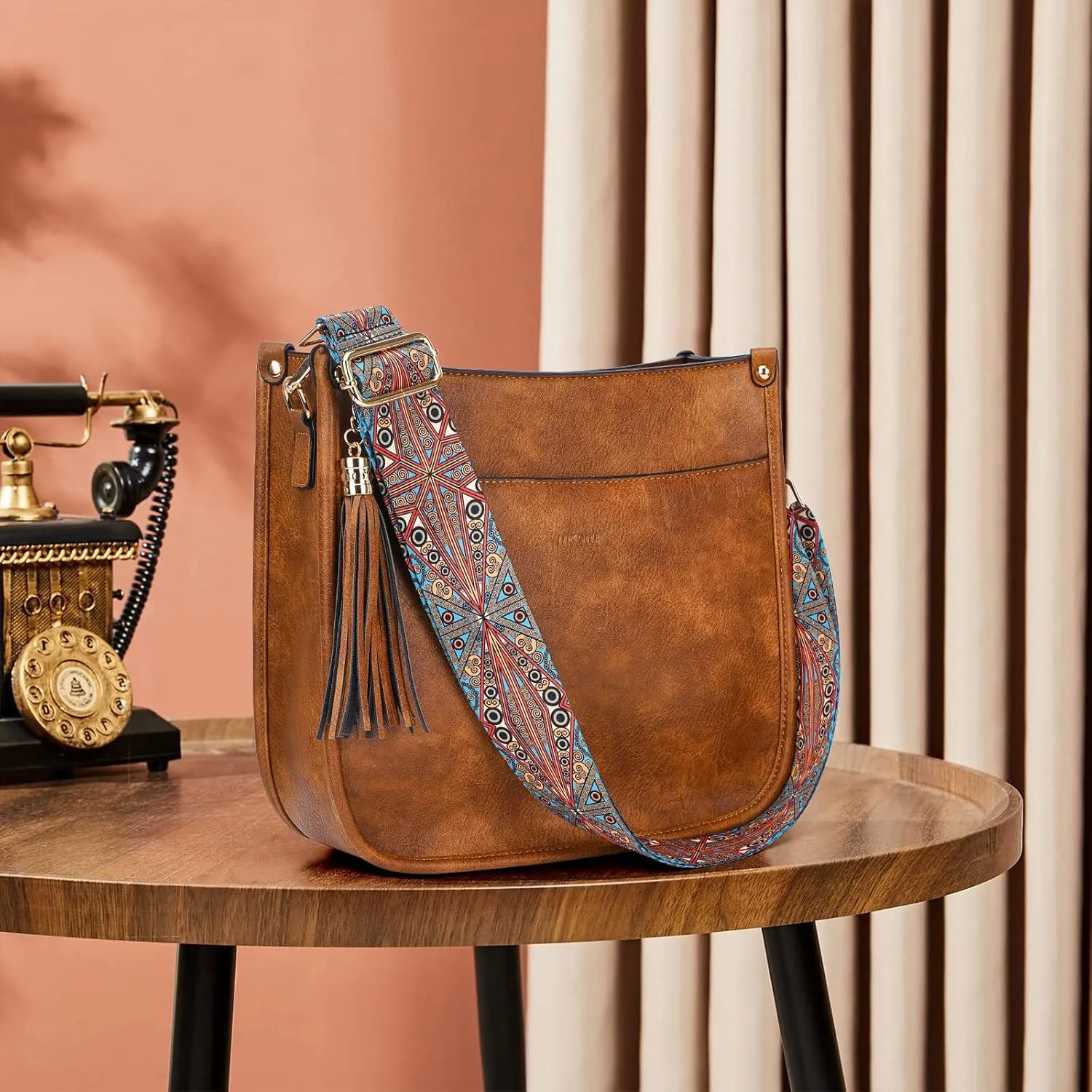 HKCLUF Crossbody Bag Purse for Women 2PCS/Set Leather Hobo Handbag Wallet Set With 2Adjustable Guitar Strap Shoulder Bag