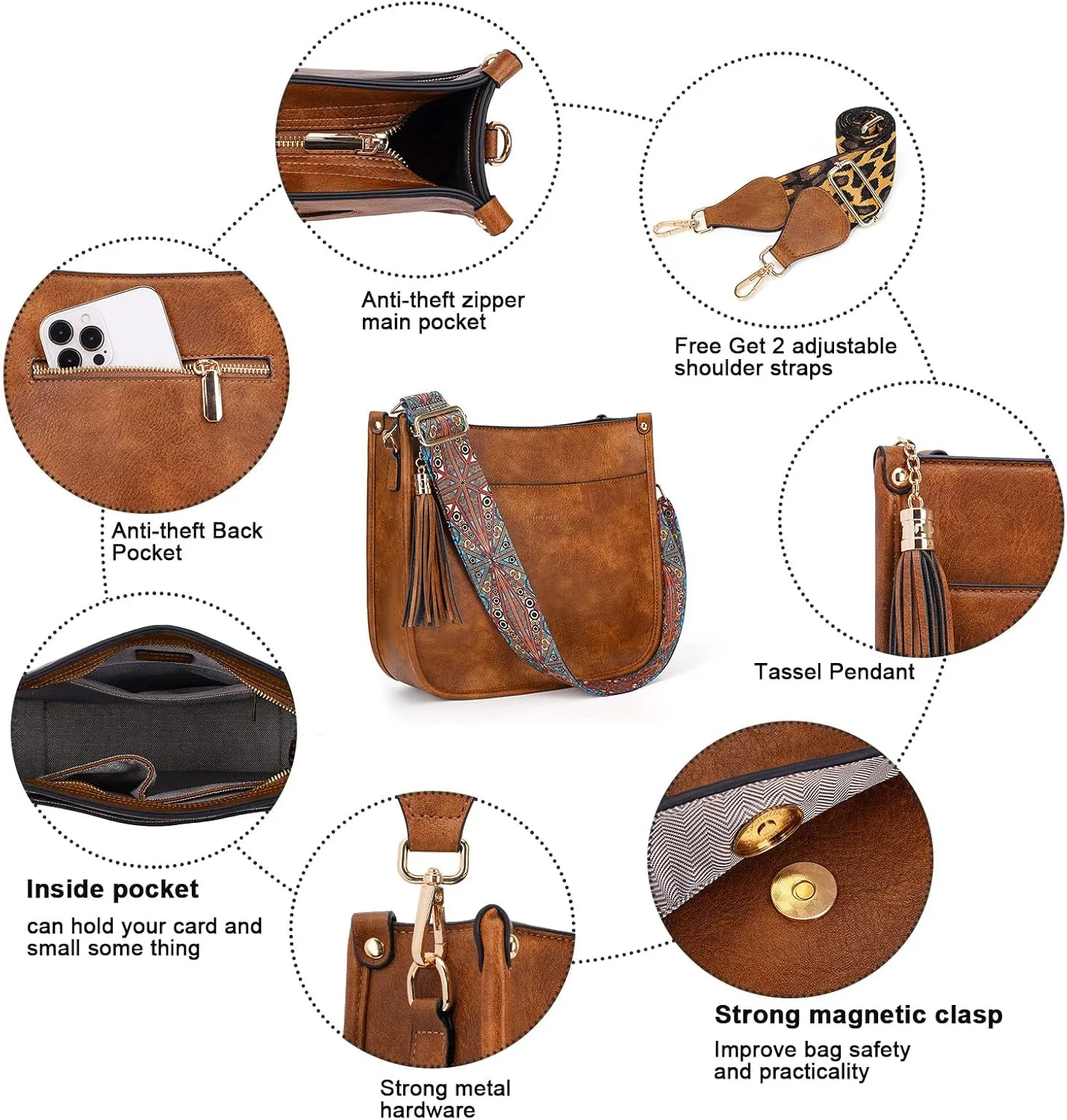 HKCLUF Crossbody Bag Purse for Women 2PCS/Set Leather Hobo Handbag Wallet Set With 2Adjustable Guitar Strap Shoulder Bag