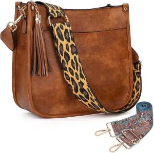 HKCLUF Crossbody Bag Purse for Women 2PCS/Set Leather Hobo Handbag Wallet Set With 2Adjustable Guitar Strap Shoulder Bag