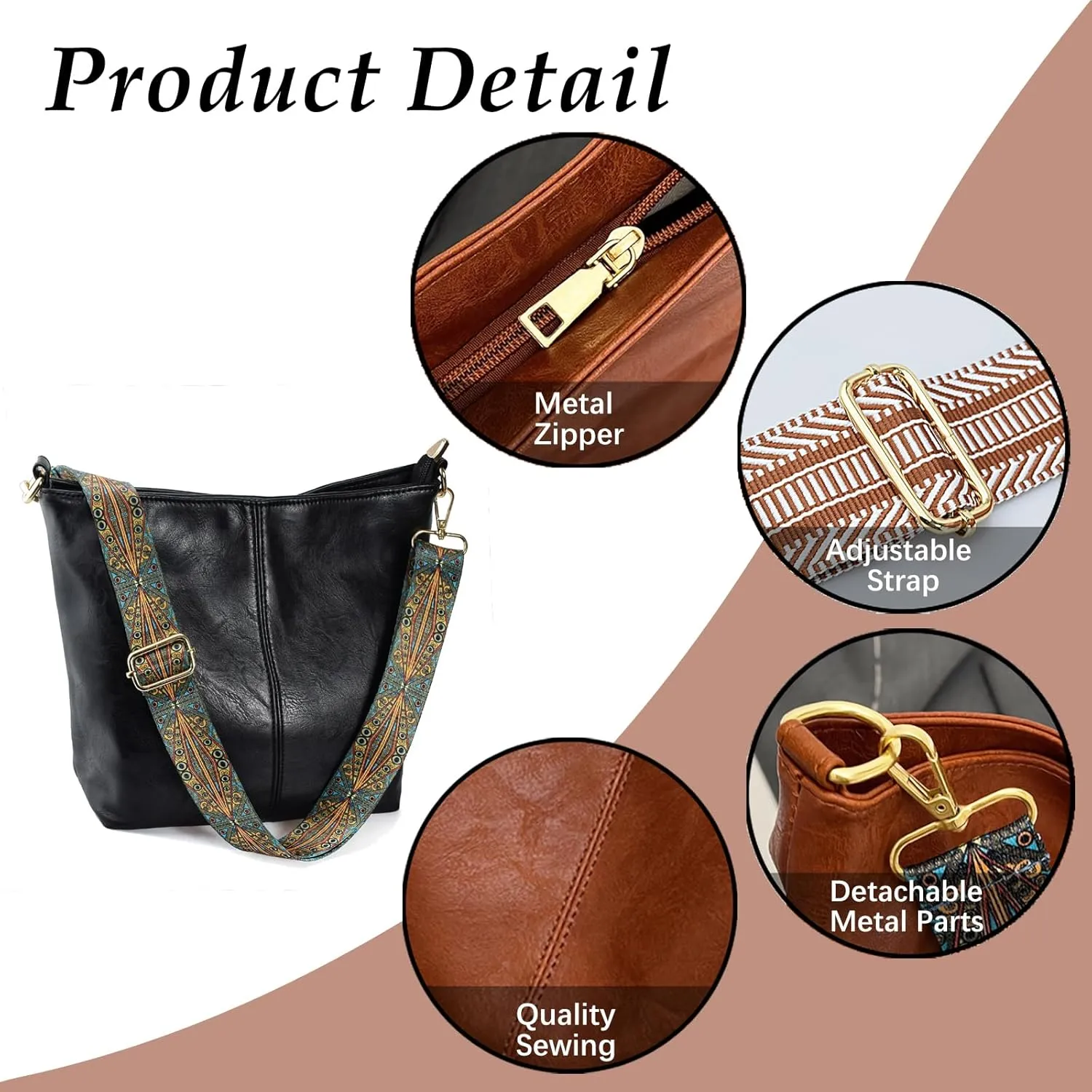 Hobo Bags Vegan Leather Crossbody Bag Guitar Strap Shoulder Purses with Zipper Handbags for Women