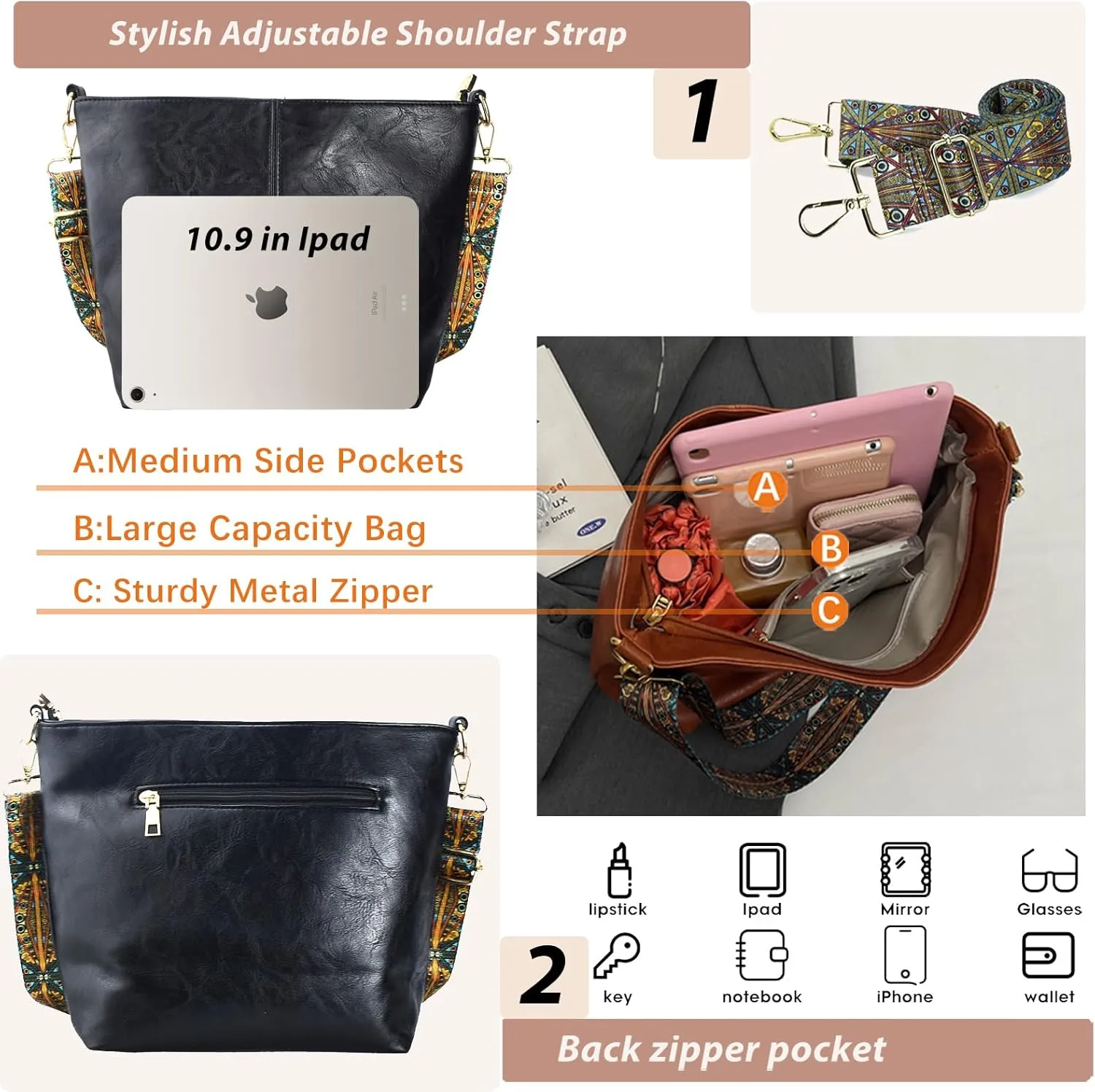 Hobo Bags Vegan Leather Crossbody Bag Guitar Strap Shoulder Purses with Zipper Handbags for Women