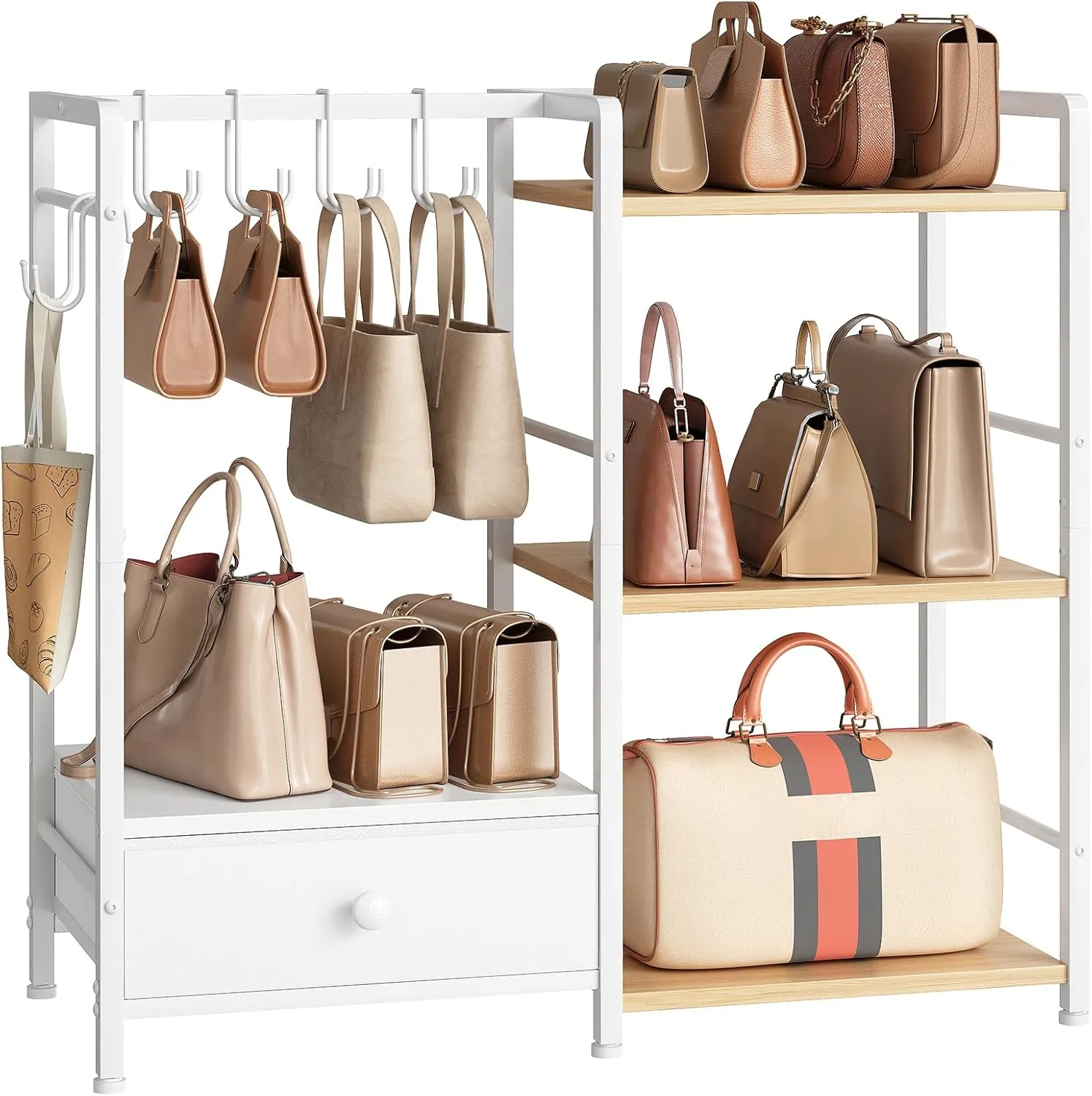 HOOBRO 3-Tier Purse Organizer for Closet, Multi-Functional Purse Rack with 6 Hooks, Floor Standing Handbag Storage Rack with Drawer, for Cloakroom, Foyer, Bedroom, White and Natural WN28CJ01