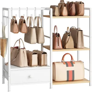 HOOBRO 3-Tier Purse Organizer for Closet, Multi-Functional Purse Rack with 6 Hooks, Floor Standing Handbag Storage Rack with Drawer, for Cloakroom, Foyer, Bedroom, White and Natural WN28CJ01