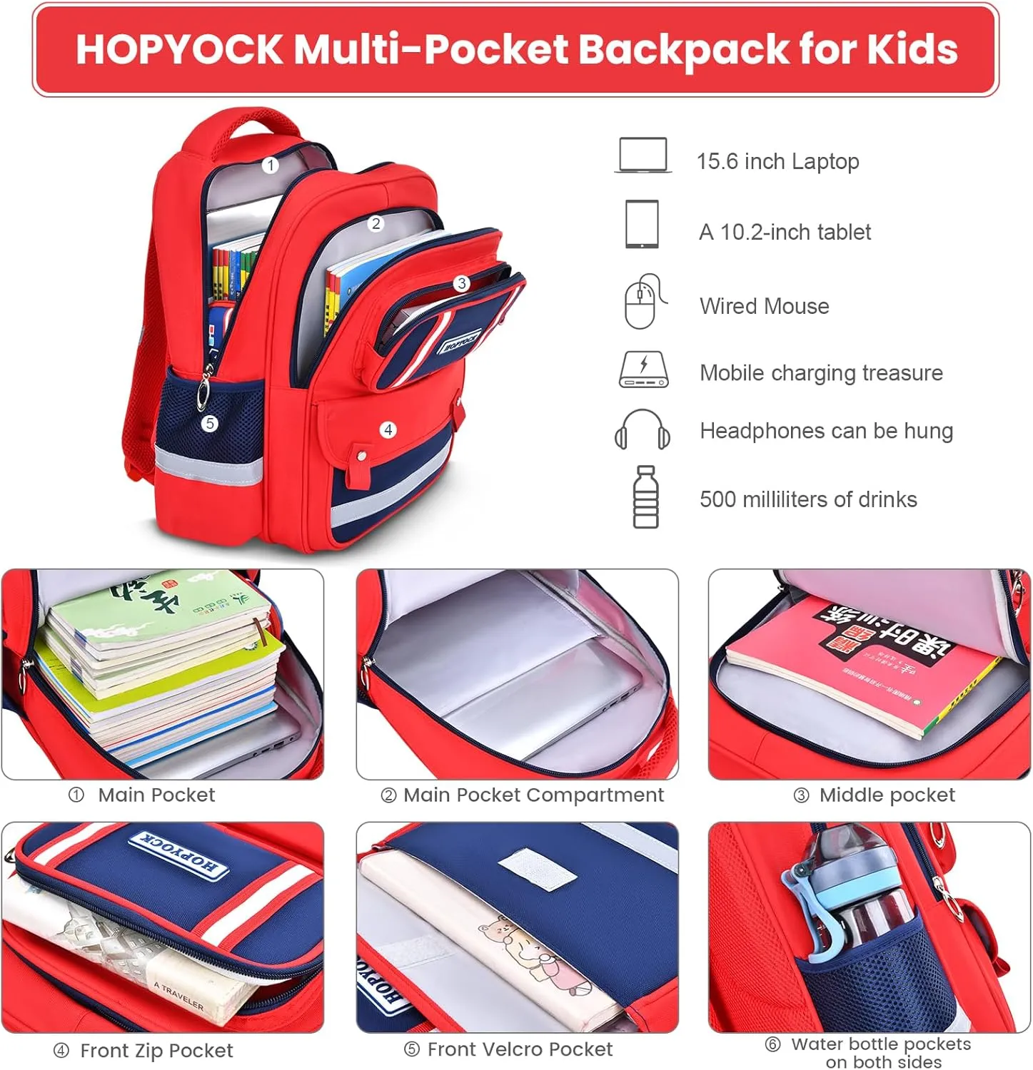 HOPYOCK-School Bags for Boys and Girls,Multi-Pocket Unisex Elementary School Backpack with Reflective Design,Kids Backpacks Fit for 4-12 Years Old