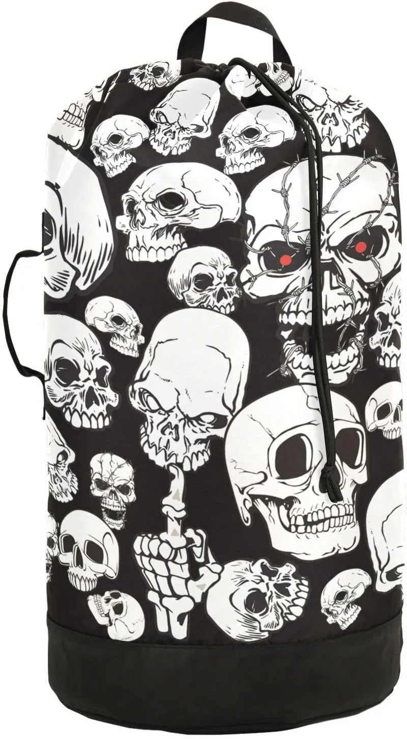 Horror Skull Nylon Travel Laundry Bag for Luggage Dirty Clothes Organizer with Drawstring Closure & Shoulder Straps Laundry Hamper Liner for College Dorm Factories Apartment