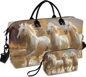 Horses Running Animal Duffel Bag Womens Make up Bags Set of 2, Print Women Small Gym Bag Overnight Hospital Bag