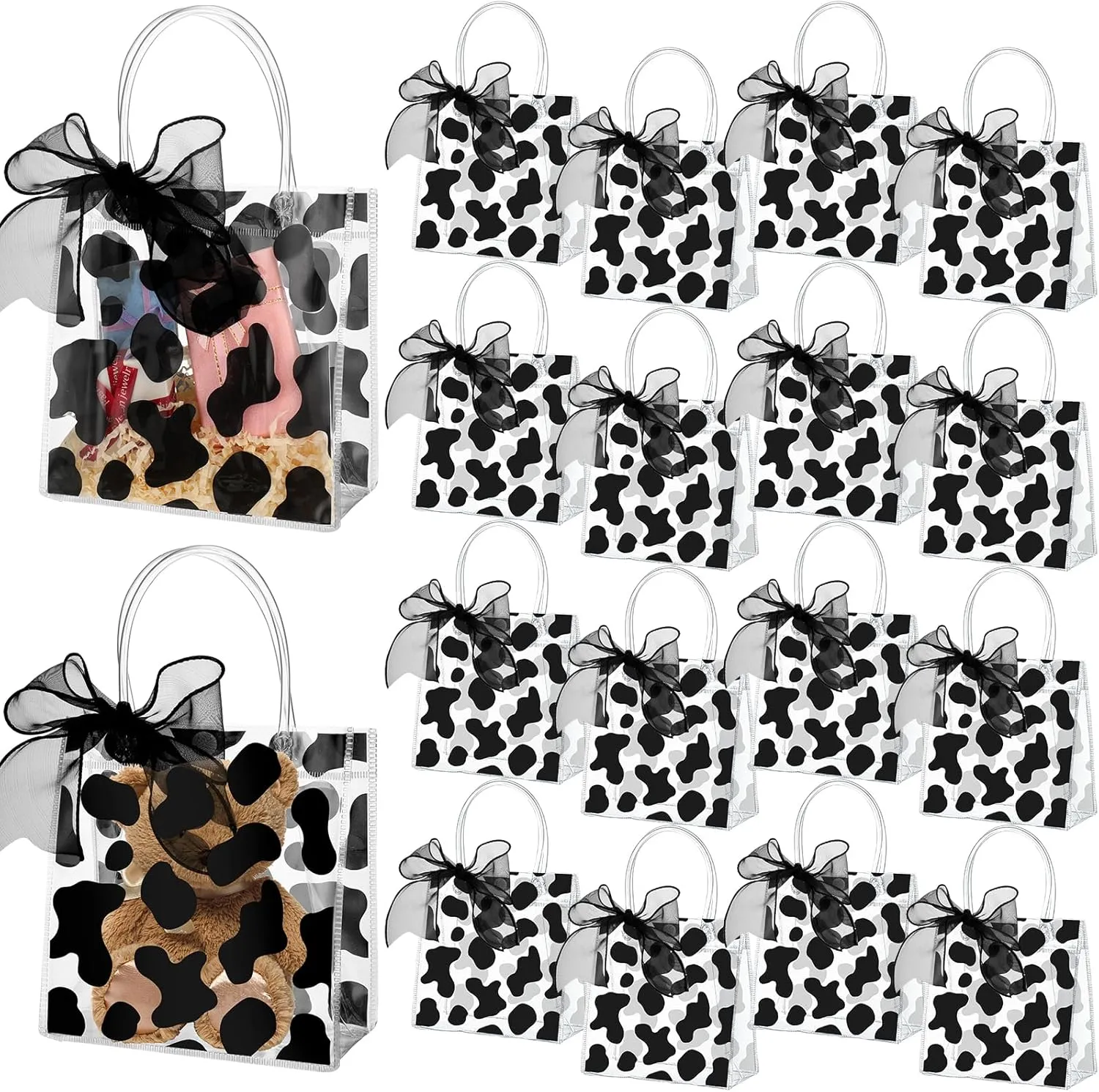 Hosuly 24 Pcs Clear Gift Bags with Handle Transparent PVC Tote Bag 6.3 x 5.9 x 2.8 Inch Reusable Gift Wrap Handbags Candy Shopping Bag for Wedding Birthday Baby Shower Bridal Party Favor (Cow Print)