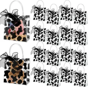 Hosuly 24 Pcs Clear Gift Bags with Handle Transparent PVC Tote Bag 6.3 x 5.9 x 2.8 Inch Reusable Gift Wrap Handbags Candy Shopping Bag for Wedding Birthday Baby Shower Bridal Party Favor (Cow Print)