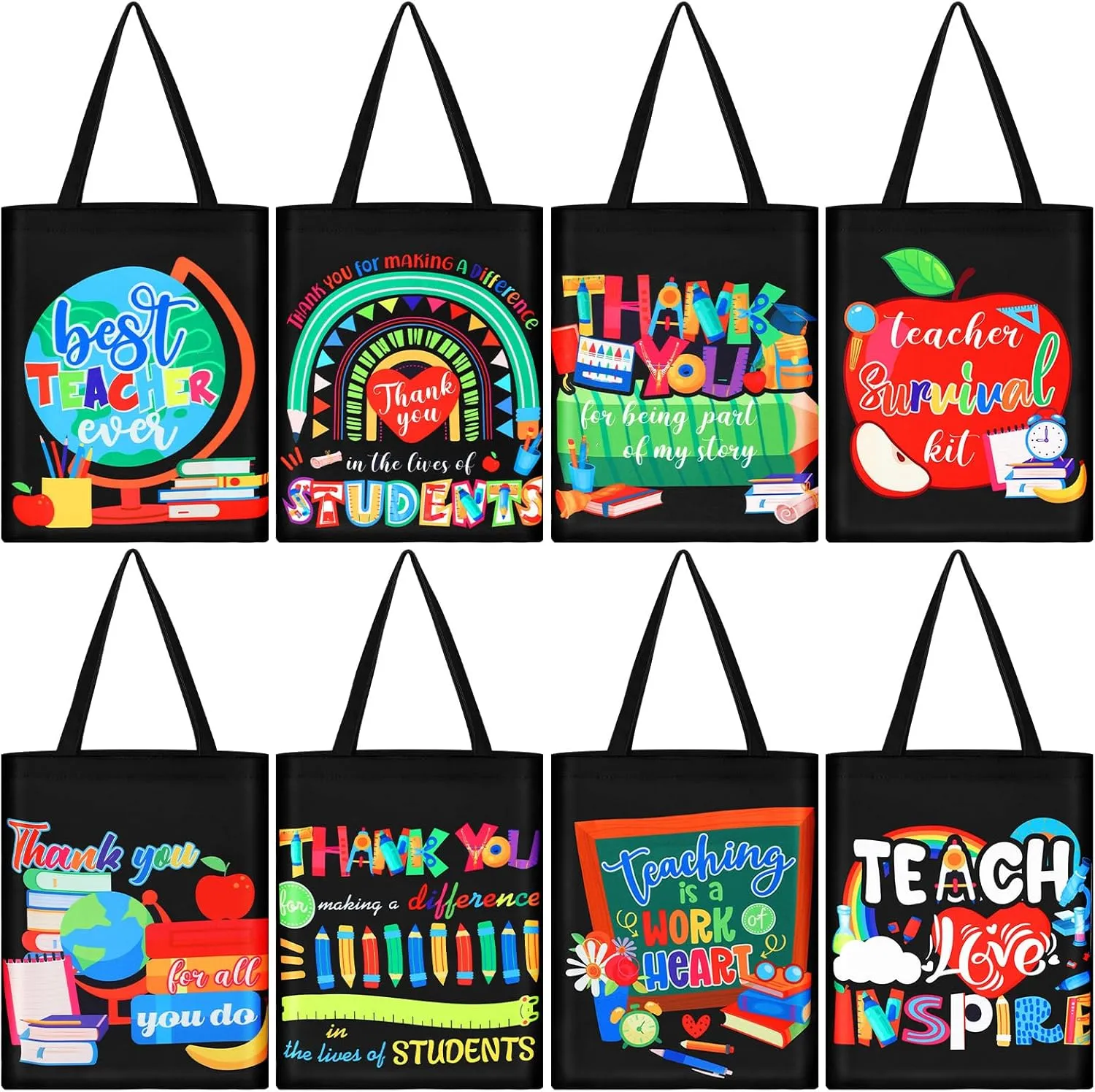 Hosuly 8 Pcs Teacher Appreciation Gifts Teacher Canvas Tote Bags with Handle for Women Men Retirement Thank You Gifts(Classic Style)
