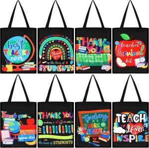 Hosuly 8 Pcs Teacher Appreciation Gifts Teacher Canvas Tote Bags with Handle for Women Men Retirement Thank You Gifts(Classic Style)