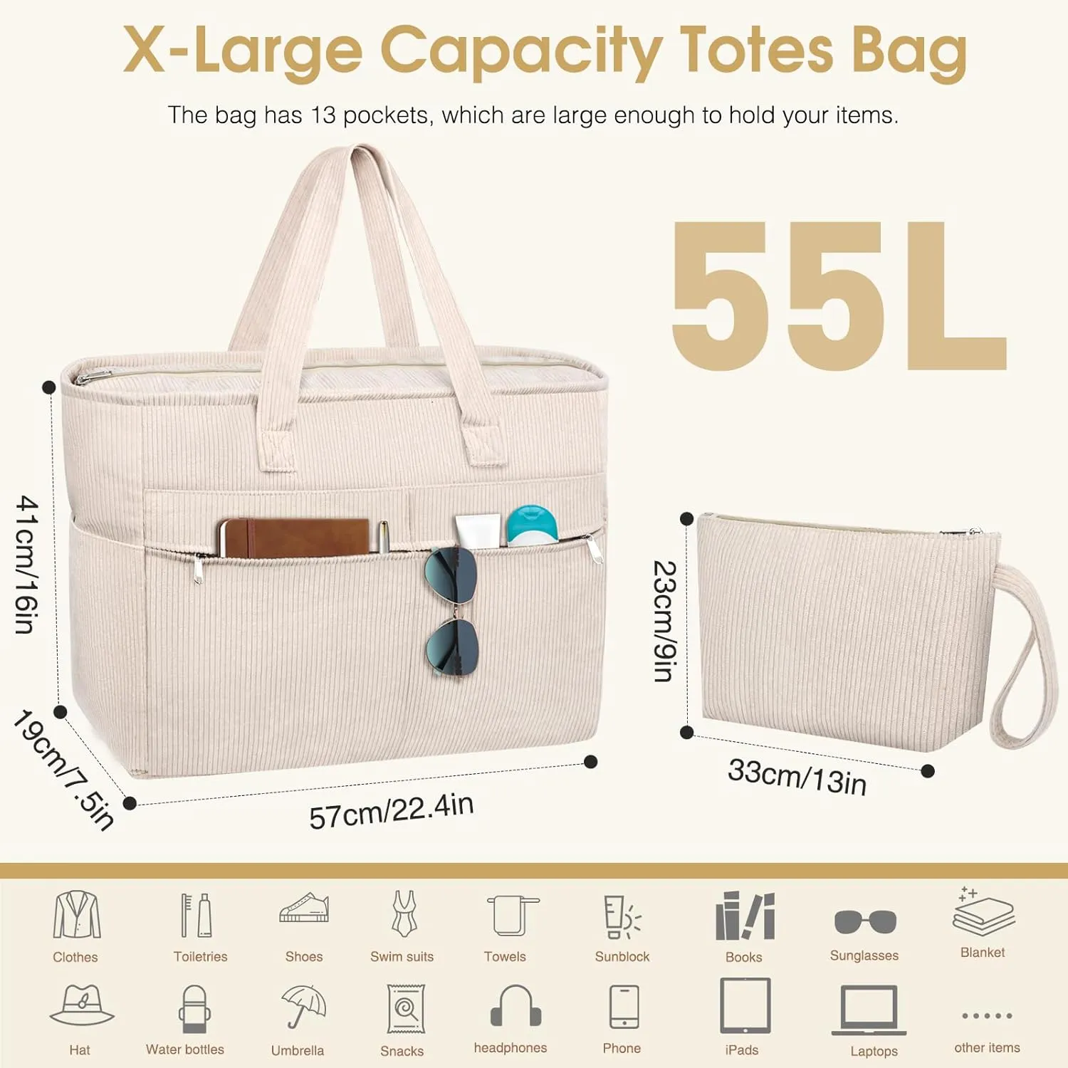 HUANLANG Extra Large Beach Bag Waterproof Beach Totes Bags for Women Men,Pool Bag with Zipper Wet Pocket