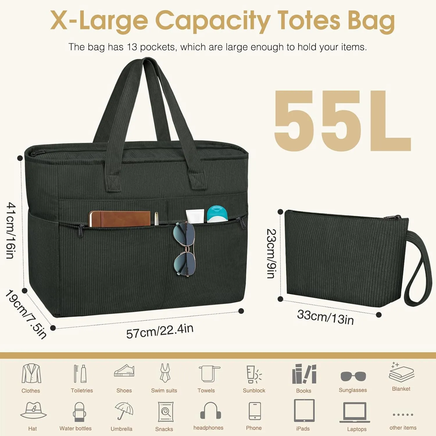HUANLANG Extra Large Beach Bag Waterproof Beach Totes Bags for Women Men,Pool Bag with Zipper Wet Pocket