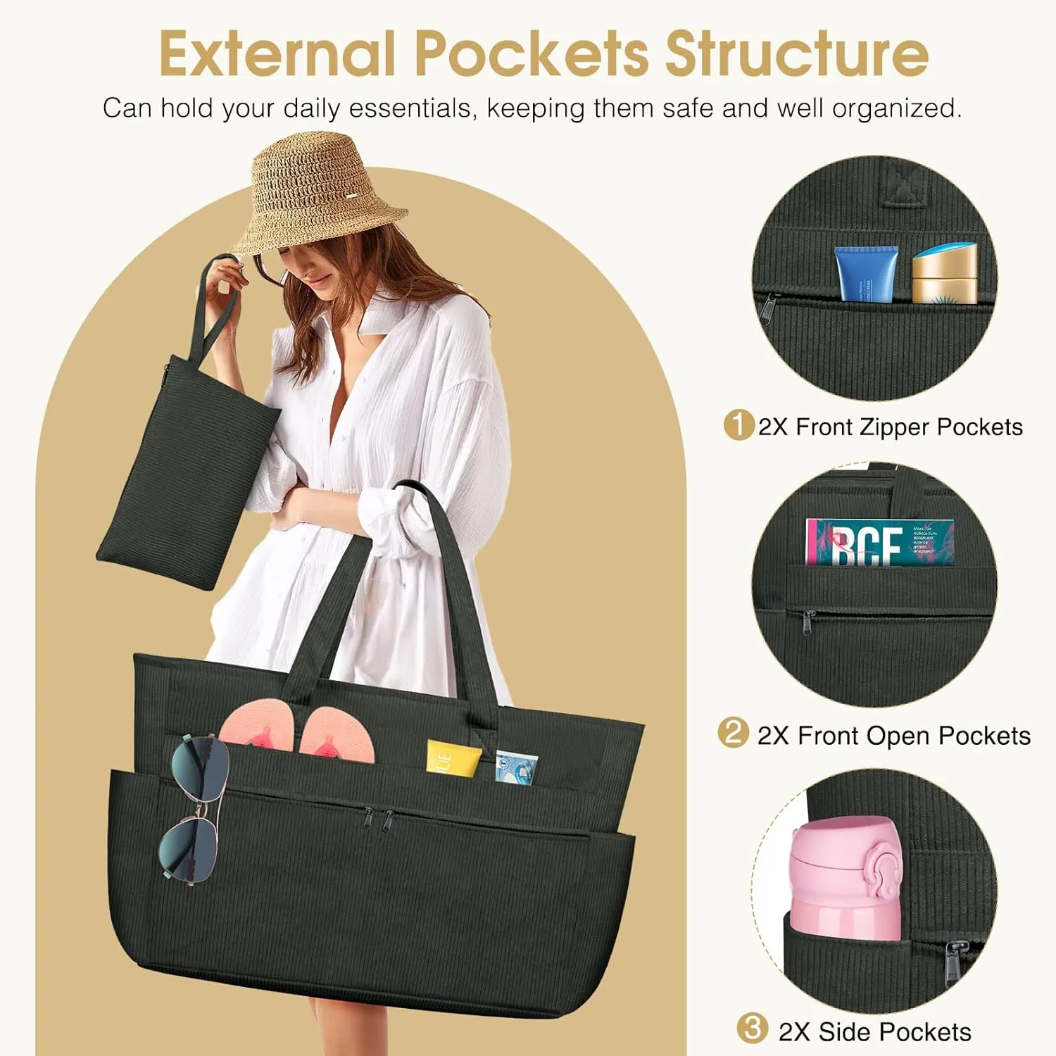 HUANLANG Extra Large Beach Bag Waterproof Beach Totes Bags for Women Men,Pool Bag with Zipper Wet Pocket