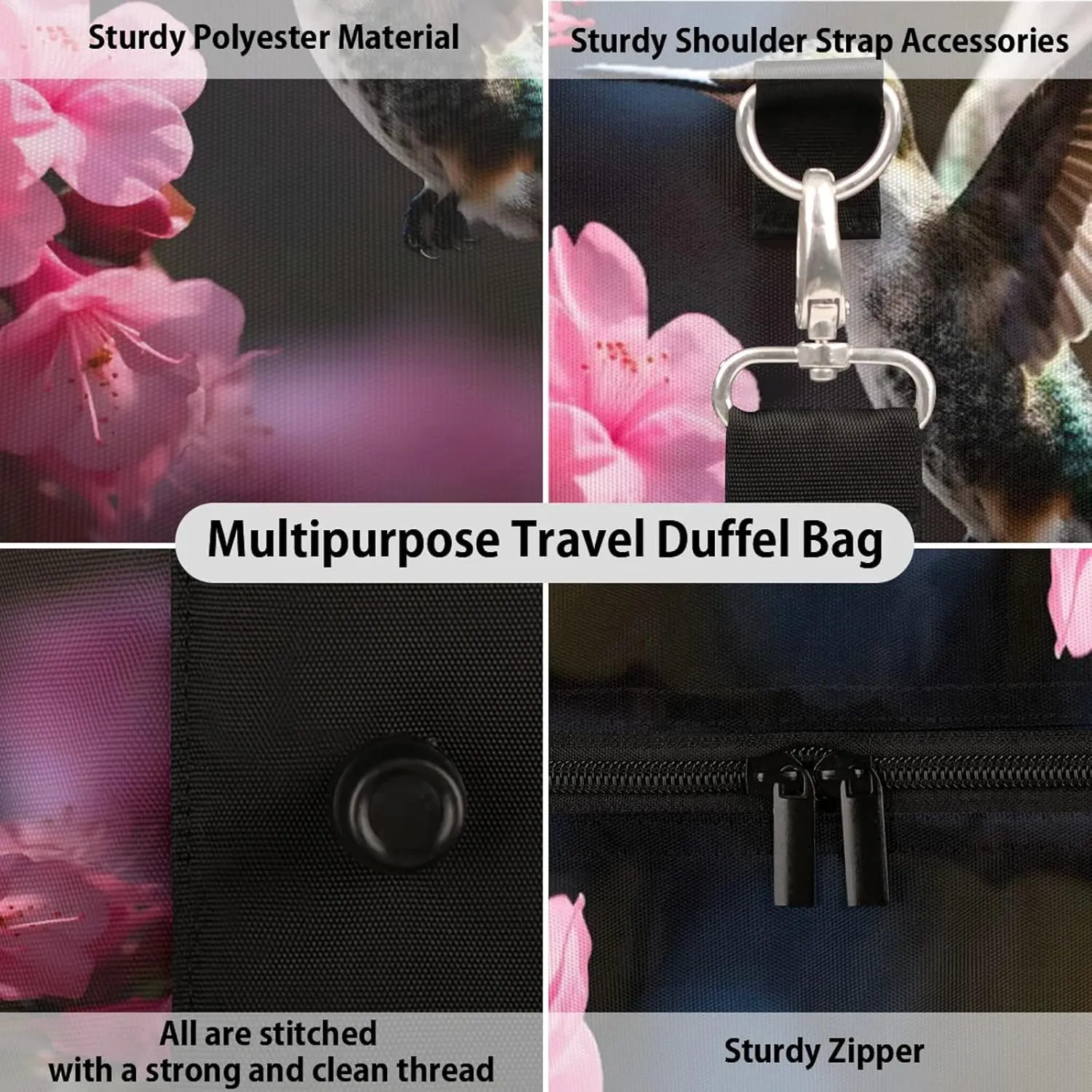 Hummingbirds And Flowers Travel Duffle Bag, Sports Gym Bags for Women Men, Carry On Weekender Overnight Workout Airplane Trips Bag