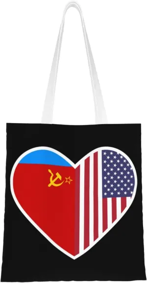 I Love America And The Russian Soviet Federative Socialist Republic Tote Bag for Women Canvas Shopping Bags Reusable Large Capacity Casual Shoulder Handbags Grocery Bags DIY Gift Bags