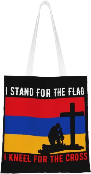 I Stand For The Flag Of Armenia And I Kneel For The Cross Tote Bag for Women Canvas Shopping Bags Reusable Large Capacity Casual Shoulder Handbags Grocery Bags DIY Gift Bags