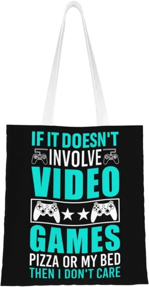 If It Doesn't Involve Video Games Pizza Or My Bed Then I don't Care Tote Bag for Women Canvas Shopping Bags Reusable Large Capacity Casual Shoulder Handbags Grocery Bags DIY Gift Bags