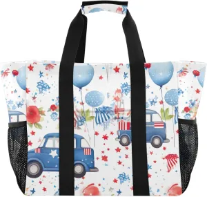 Independence Day Cars Balloons Tote Bag for Women with Zipper Large Beach Bags Foldable Totes Handbags Work Bag for Gym Grocery Travel Pool