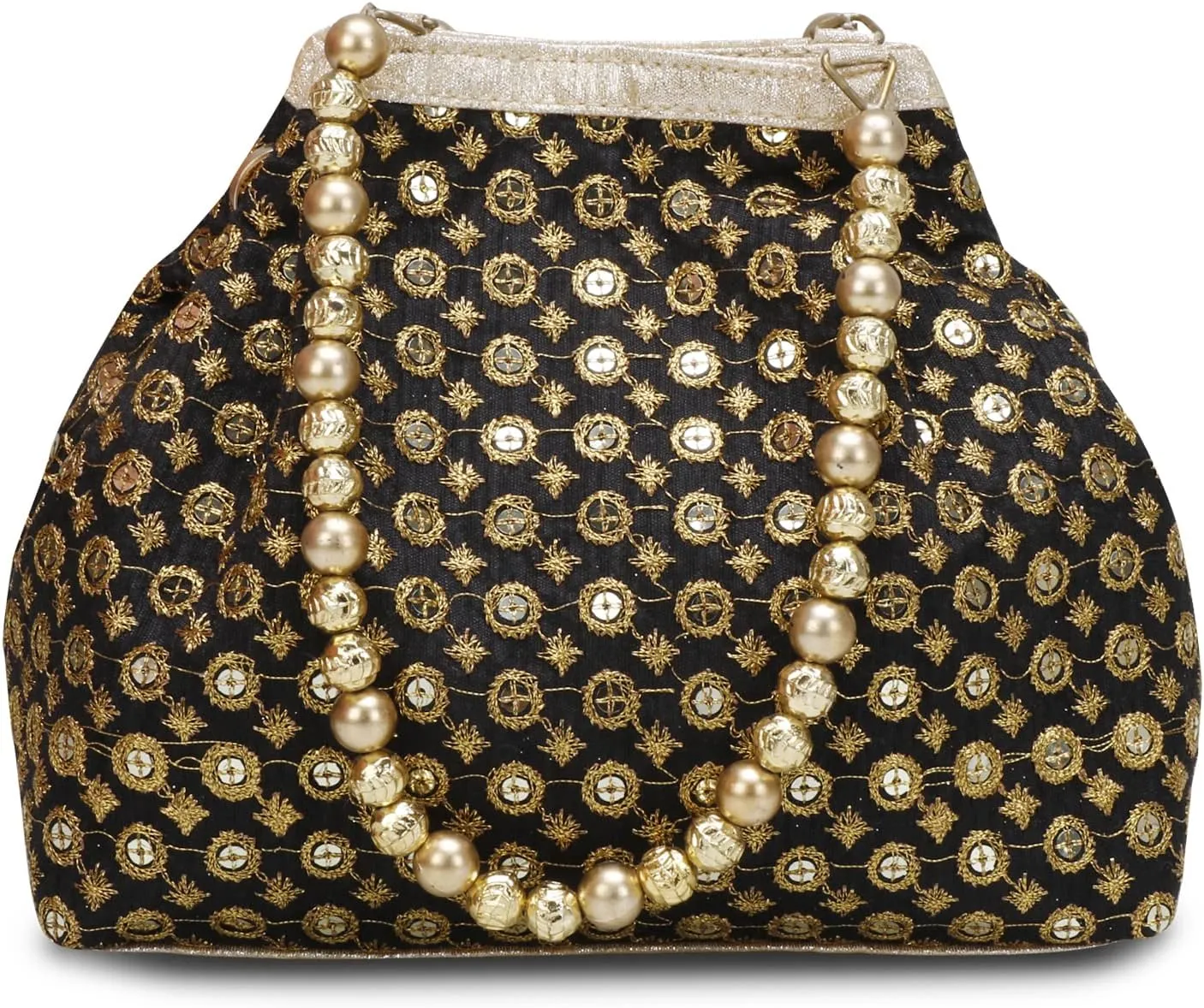 Indian Ethnic Designer Embroidered Silk Potli Bag Batwa Pearls Handle Purse (Black)