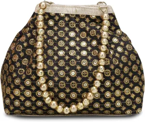 Indian Ethnic Designer Embroidered Silk Potli Bag Batwa Pearls Handle Purse (Black)