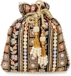 Indian Ethnic Designer Embroidered Silk Potli Bag Batwa Pearls Handle Purse (Blue wd beads)