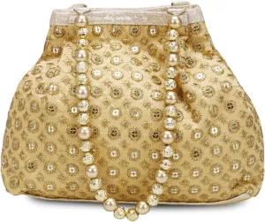 Indian Ethnic Designer Embroidered Silk Potli Bag Batwa Pearls Handle Purse (Golden-1)