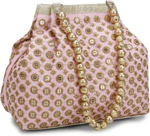 Indian Ethnic Designer Embroidered Silk Potli Bag Batwa Pearls Handle Purse (Pink-1)