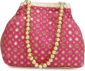 Indian Ethnic Designer Embroidered Silk Potli Bag Batwa Pearls Handle Purse (Queen)